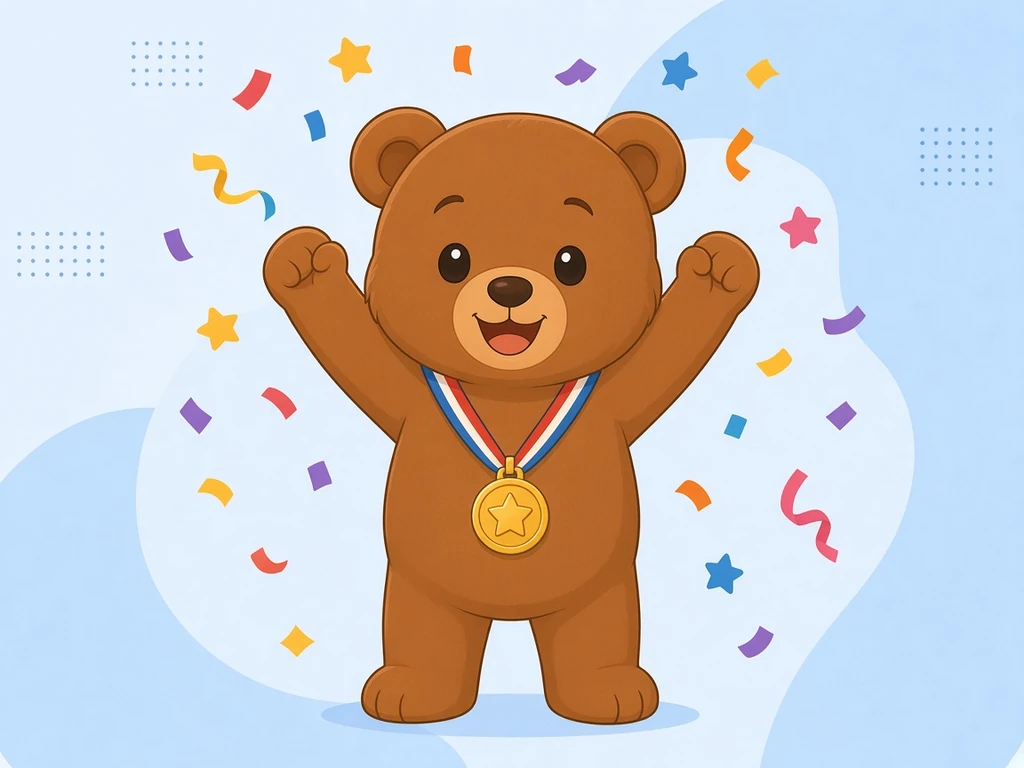 El osito de peluche Biscuit celebra con los dos brazos en alto, con una medalla de oro y confeti cayendo a su alrededor
