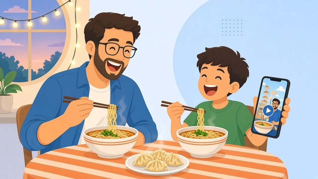 Dad and son laughing over ramen while watching a mukbang video with a tower of noodle bowls